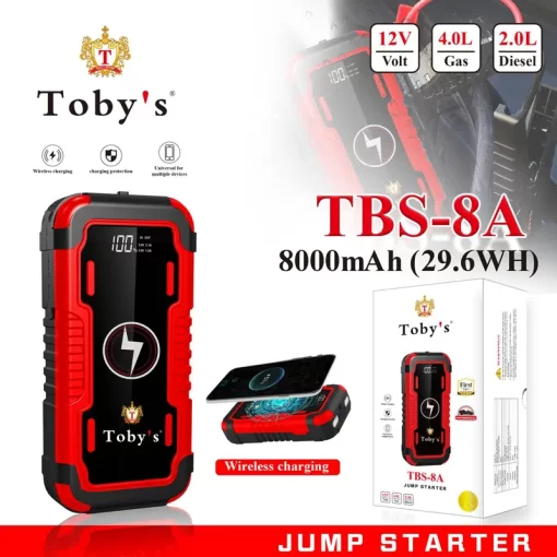 Toby's TBS 8A Powerful Jump Starter For Cars 8000mAh And 29.6WH Wireless Power Bank For Electronic Devices