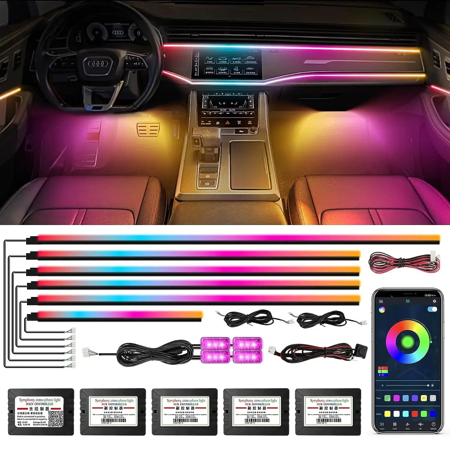Full Color LED Symphony Dream Car Interior Ambient Lighting APP Wireless  Kit