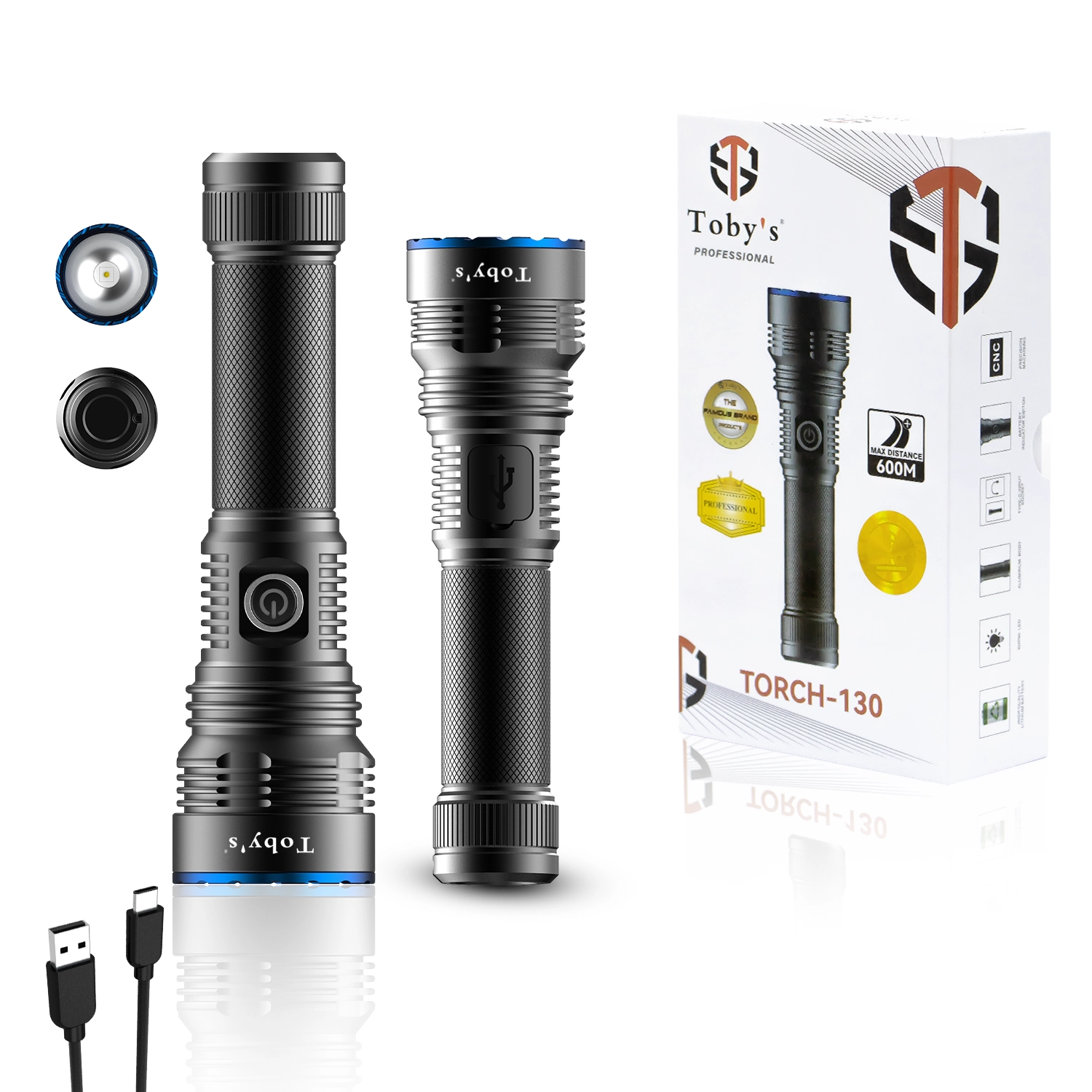 1-40.webp Toby's Torch-130 Rechargeable LED Flashlight with Great Lumen Bright Powerful Torch Light - High Strength Aluminum Alloy - Long Lasting Battery Life - Image 1