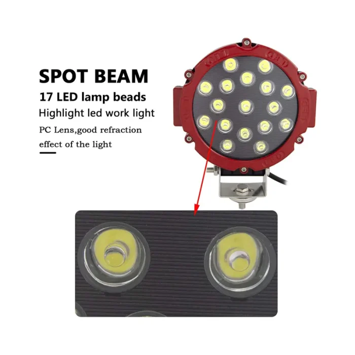 2 Piece 7 inches R 51W Red, LED Spot Light, Flood Beam LED Work Light Bar for Jeep, Truck, Car ATV SUV 4X4 Truck Driving Lamp, IP67 Waterproof Rating, and Aluminum Housing Material - Image 4