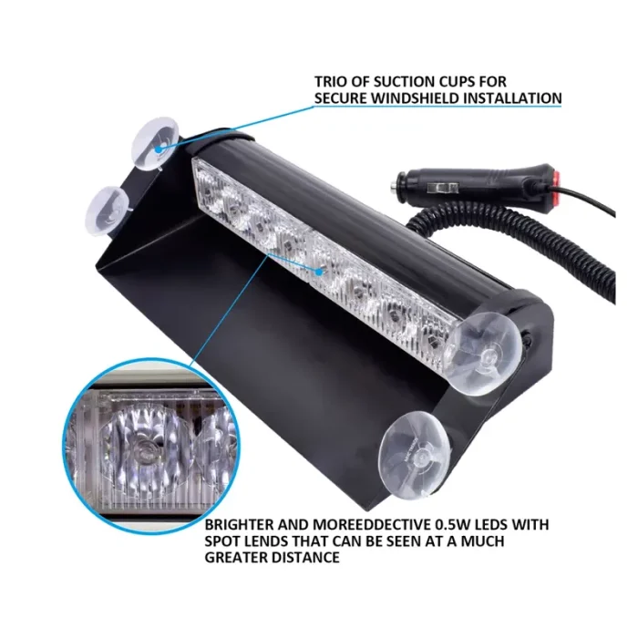 8W 1Pcs 8 LED Car Dashboard Windshield Emergency Warning Flash Police Strobe Light with 12V Cigarette Lighter and Suction Cups, 6000Lm Lumens Strobe Light - Image 4