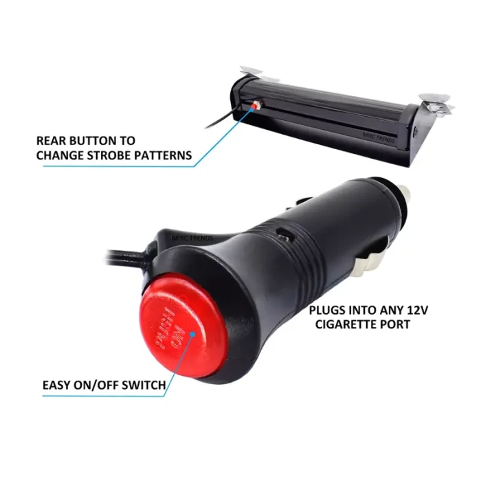 8W 1Pcs 8 LED Car Dashboard Windshield Emergency Warning Flash Police Strobe Light with 12V Cigarette Lighter and Suction Cups, 6000Lm Lumens Strobe Light - Image 6