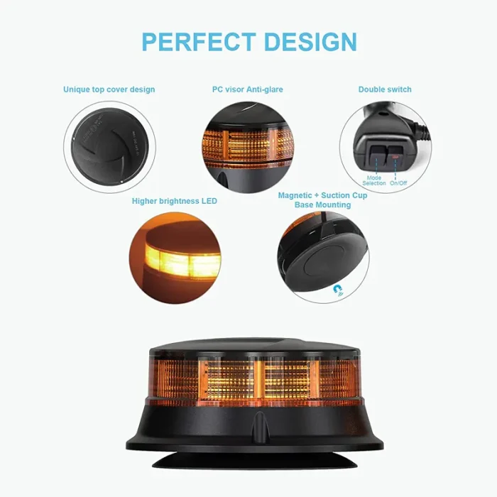 4.2Inches Amber Beacon Light, 19W LED Emergency Strobe Lights for Vehicles, 7 Flashing Modes Safety Warning Lights Magnetic, Polycarbonate Lens Material with IP67 Waterproof Rating - Image 4