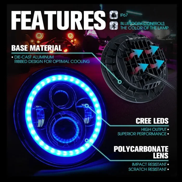 7 Inches 120W Bluetooth RGB LED Headlight High/Low Beam Halo Angel Eyes With DRL, IP67 Waterproof Rating with Aluminum Housing Material - Image 3