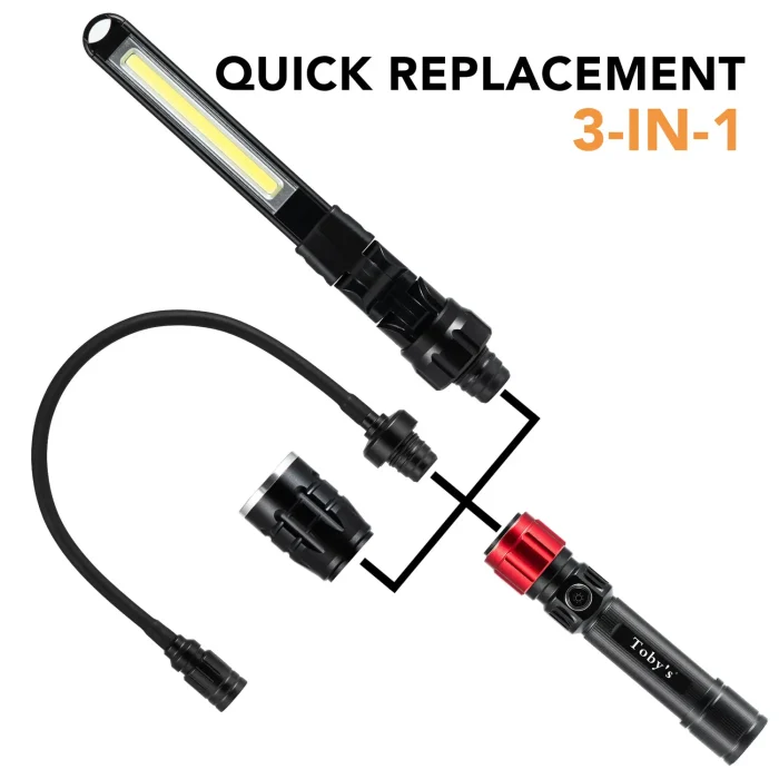 Toby's CPL-T09 3 in 1 Quick Connect Rechargeable Led Work Light Kit with Magnetic Base, LED Flashlight with Flexible Gooseneck Light and Slim Bar Light,4000MA Battery and USB-C Charge - Image 5