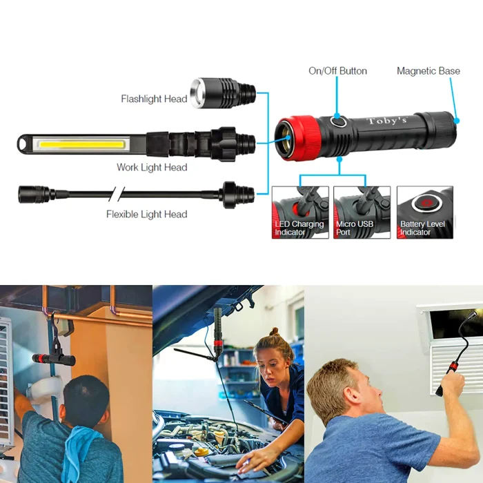 Toby's CPL-T09 3 in 1 Quick Connect Rechargeable Led Work Light Kit with Magnetic Base, LED Flashlight with Flexible Gooseneck Light and Slim Bar Light,4000MA Battery and USB-C Charge - Image 7