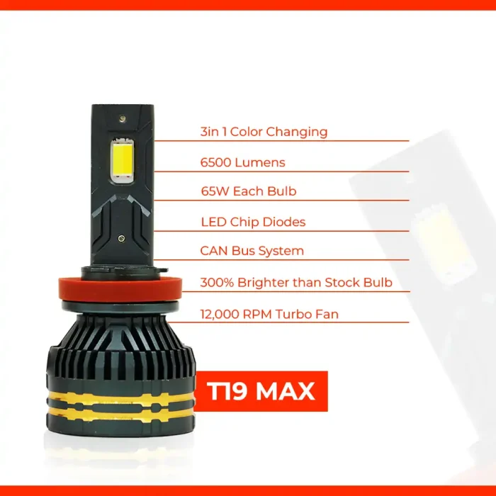 Toby's New T19 Max LED H7 Headlight 65Watts Bulbs 3 Color Changing Light (6000K Diamond White, 3000K Golden Yellow, 4300K Warm White) for High Beam, Low Beam, or Fog Light - Image 4