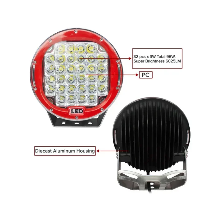 One Piece R 96W 9 Inches Round Red LED Spot Driving Work Light, Flood Beam Pattern with 30? Spot Beam Optional, ATV 4x4 Boat Off Road Head Light, IP67 Waterproof Rating, and Die-Cast Aluminum Housing Material - Image 4