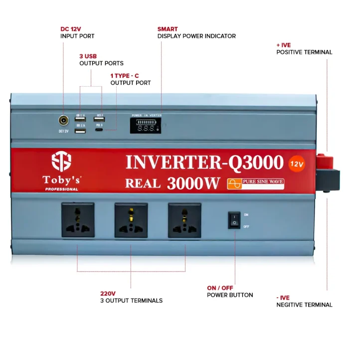 Toby's New 3000W Car Power Inverter 12V to 220V Ac Power Converter, Front  LED Display, Pure Sine Wave Inverter For Laptop, Tablet, Solar System, Camping( Q3000 ) - Image 7