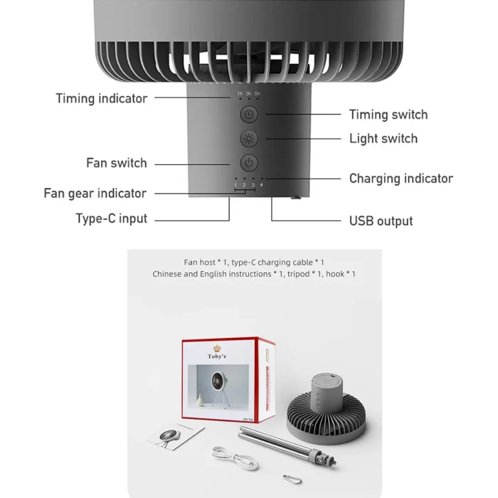 Toby's New CPL-T16 Tripod Fan 3in1 with Light for Outdoor Camping (Grey) - Image 3