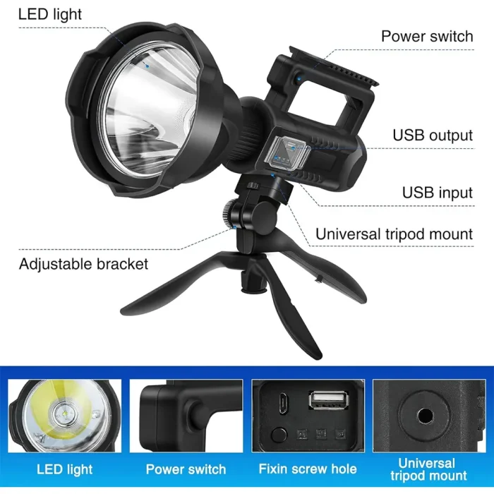 Toby's Rechargeable High Lumens Spotlight Flashlight, 2000 Lumens Super Bright LED Searchlight with Tripod, 4 Modes, IPX5 Waterproof, Handheld Spotlight for Camping, Home Security, Emergency - Image 6