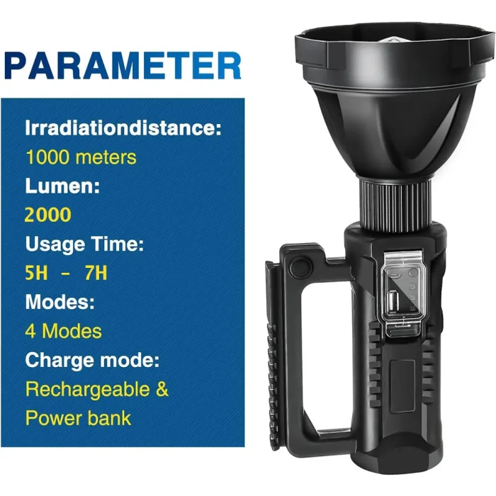 Toby's Rechargeable High Lumens Spotlight Flashlight, 2000 Lumens Super Bright LED Searchlight with Tripod, 4 Modes, IPX5 Waterproof, Handheld Spotlight for Camping, Home Security, Emergency - Image 7