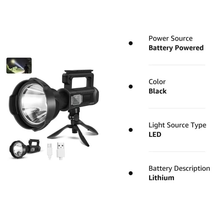 Toby's Rechargeable High Lumens Spotlight Flashlight, 2000 Lumens Super Bright LED Searchlight with Tripod, 4 Modes, IPX5 Waterproof, Handheld Spotlight for Camping, Home Security, Emergency - Image 8