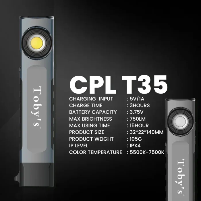 Tobys CPL T35 Rechargeable Work Light 750 Lumens 1500 mAh Battery Power Ultra-Thin Spot & Flood Flashlight - Image 2