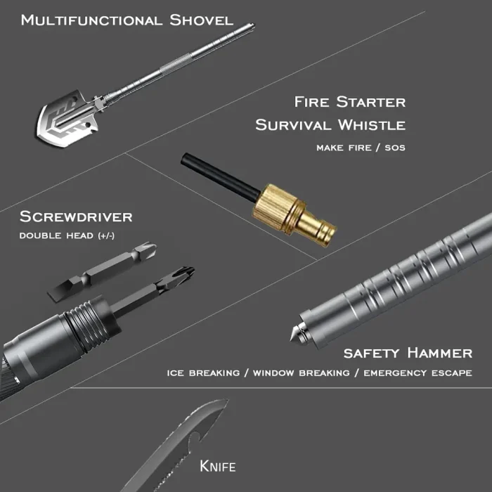 Tobys Shovel 01 Multifunctional Tactical Camping Shovel Portable Survival Tool with Fire Starter, Knife, Safety Hammer And Screwdriver - Image 5