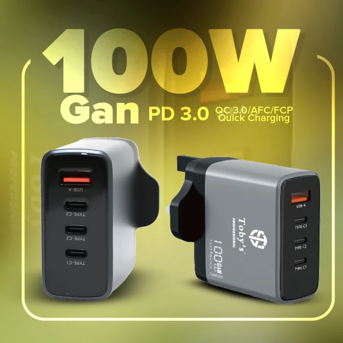Toby&rsquo;s FC-02 100W GaN Fast Charger with 3 Type-C & USB-A PD3.0 QC3.0 Multi-Port UK Plug Adapter with 100CM Cable - Image 3