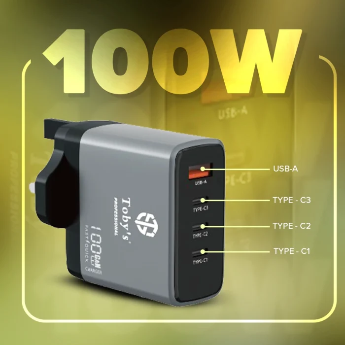 Toby&rsquo;s FC-02 100W GaN Fast Charger with 3 Type-C & USB-A PD3.0 QC3.0 Multi-Port UK Plug Adapter with 100CM Cable - Image 5