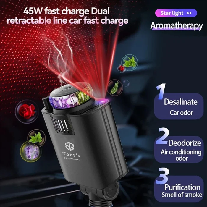 Toby&rsquo;s CC-18 5 in 1 Retractable Car Charger with Aromatherapy & Star Light Projection 45W Fast Charge, Dual Output, 180&deg; Adjustable - Image 3
