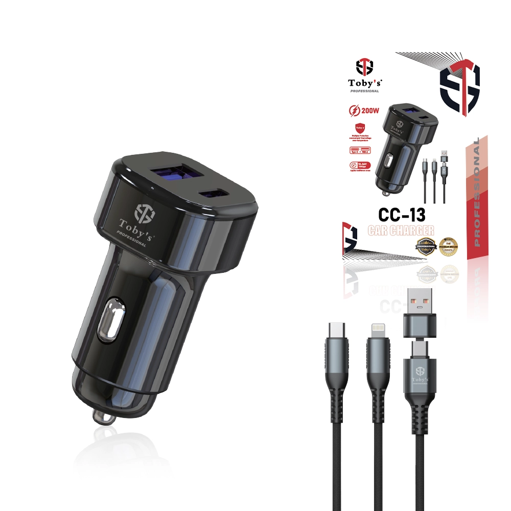 1-CC13 Toby’s CC-13 Fast Car Charger 100W PD USB-C & USB Fast Charging, 12V-24V Dual Port Car Adapter with 3-in-1 Charging Cable - Image 1