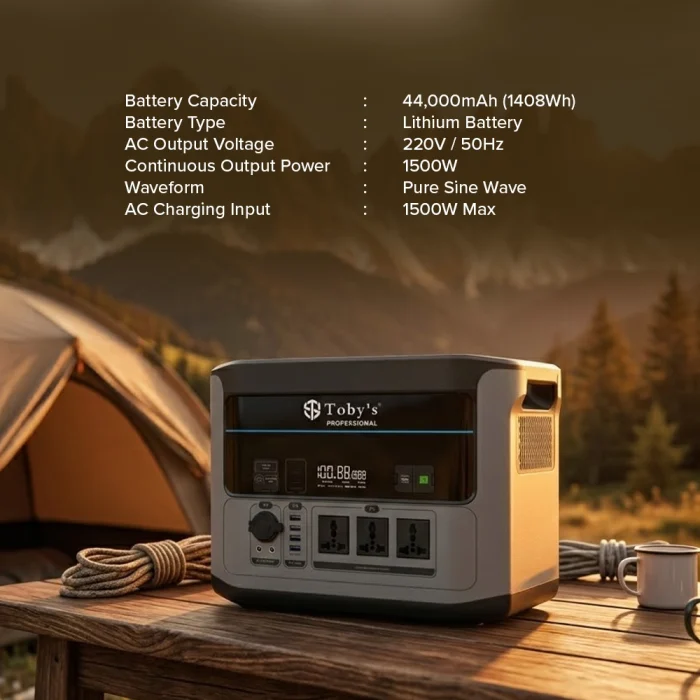 Toby&rsquo;s TBS-440A Portable Power Station 1408Wh, 1500W Pure Sine Wave, 1500W AC Fast Charging, 400W Solar Input, 12V Jump Starter - Image 4