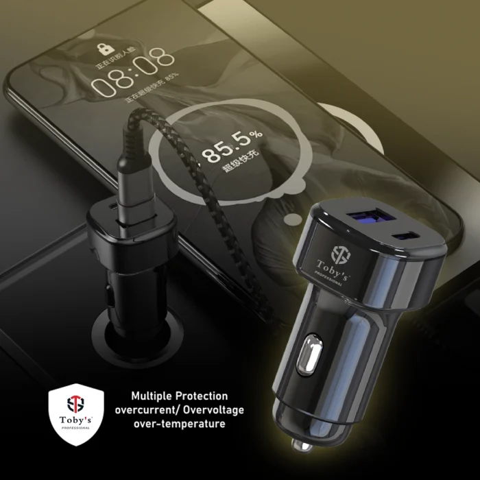 Toby&rsquo;s CC-13 Fast Car Charger 100W PD USB-C & USB Fast Charging, 12V-24V Dual Port Car Adapter with 3-in-1 Charging Cable - Image 2