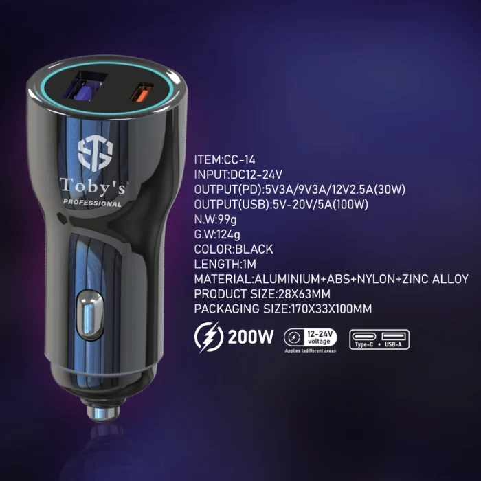 Toby&rsquo;s CC-14 200W Fast Car Charger with Type-C & USB Port, 1M Multi Charging Cable, 12-24V Universal Car Adapter - Image 2