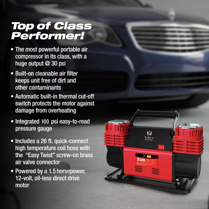 Toby&rsquo;s 12V Dual Cylinder Portable Air Compressor 300L/min 150 PSI Heavy Duty Tire Inflator with Carry Bag - Image 7