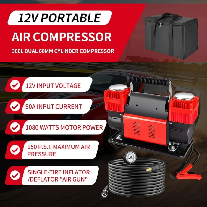 Toby&rsquo;s 12V Dual Cylinder Portable Air Compressor 300L/min 150 PSI Heavy Duty Tire Inflator with Carry Bag - Image 10