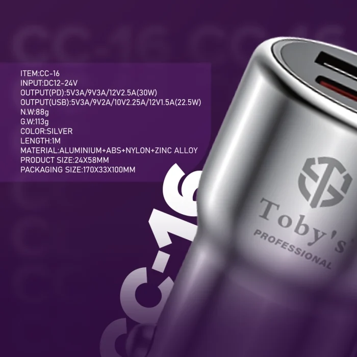 Toby&rsquo;s CC-16 200W Fast Car Charger with USB-C PD & USB-A Port, Multi Charging Cable, 12-24V Universal Car Adapter - Image 3