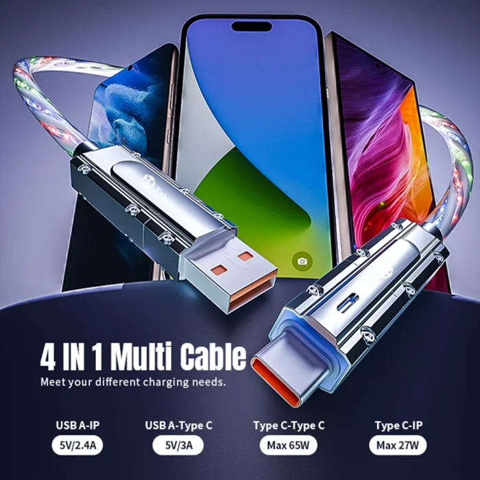 Toby&rsquo;s CC-21 RGB 65W Fast Charging Data Cable, 4-in-1 Multi Connector LED Cable, Type-C to Type-C / USB-A to Type-C / Lightning, 480Mbps Sync - Image 3