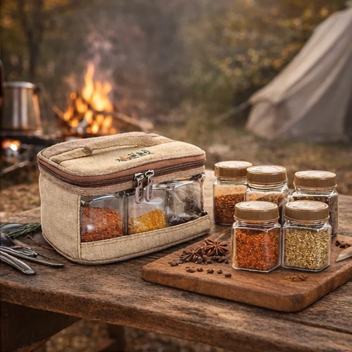 AL GHAFA Portable Camping Spice Kit with 6 Storage Jars, Travel Spice Organizer Bag, 350ml Glass Containers for BBQ, Camping, Picnic and Outdoor Cooking - Image 2