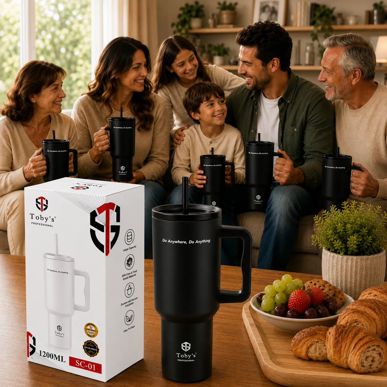 Sc-01 6 Toby's 1200ml Vacuum Insulated Stainless Steel Travel Tumbler with Handle & Straw Double Wall Leakproof Thermal Mug for Hot & Cold Drinks, Office, Gym, Travel & Car Cup Holder (Black) - Image 1