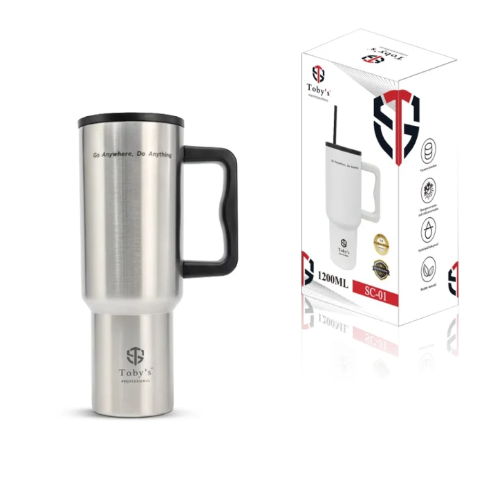 Toby's 1200ml Vacuum Insulated Stainless Steel Travel Tumbler with Handle & Straw Double Wall Leakproof Thermal Mug for Hot & Cold Drinks, Office, Gym, Travel & Car Cup Holder (Grey) - Image 3