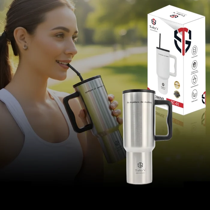 Toby's 1200ml Vacuum Insulated Stainless Steel Travel Tumbler with Handle & Straw Double Wall Leakproof Thermal Mug for Hot & Cold Drinks, Office, Gym, Travel & Car Cup Holder (Grey) - Image 4