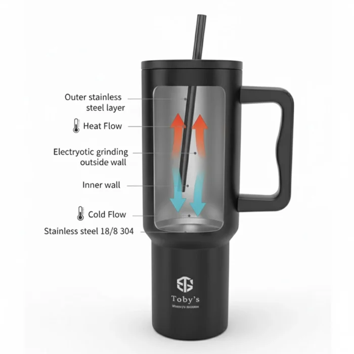 Toby's 1200ml Vacuum Insulated Stainless Steel Travel Tumbler with Handle & Straw Double Wall Leakproof Thermal Mug for Hot & Cold Drinks, Office, Gym, Travel & Car Cup Holder (Black) - Image 6