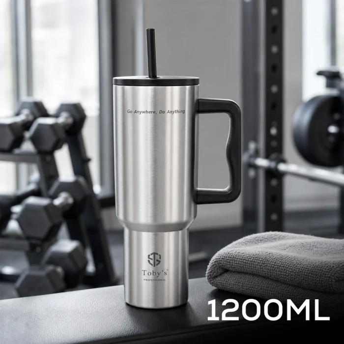 Toby's 1200ml Vacuum Insulated Stainless Steel Travel Tumbler with Handle & Straw Double Wall Leakproof Thermal Mug for Hot & Cold Drinks, Office, Gym, Travel & Car Cup Holder (Grey) - Image 2